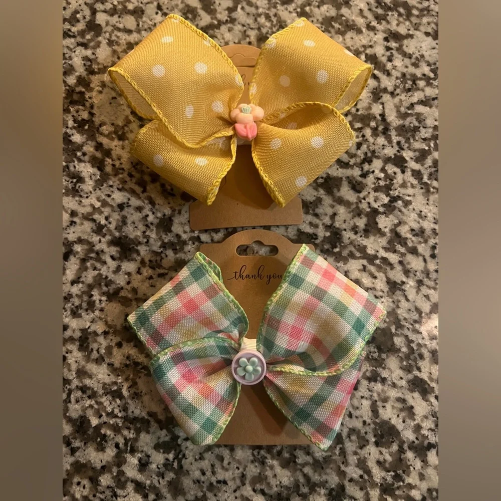 Yellow Polka Dot and Plaid Hair Bows